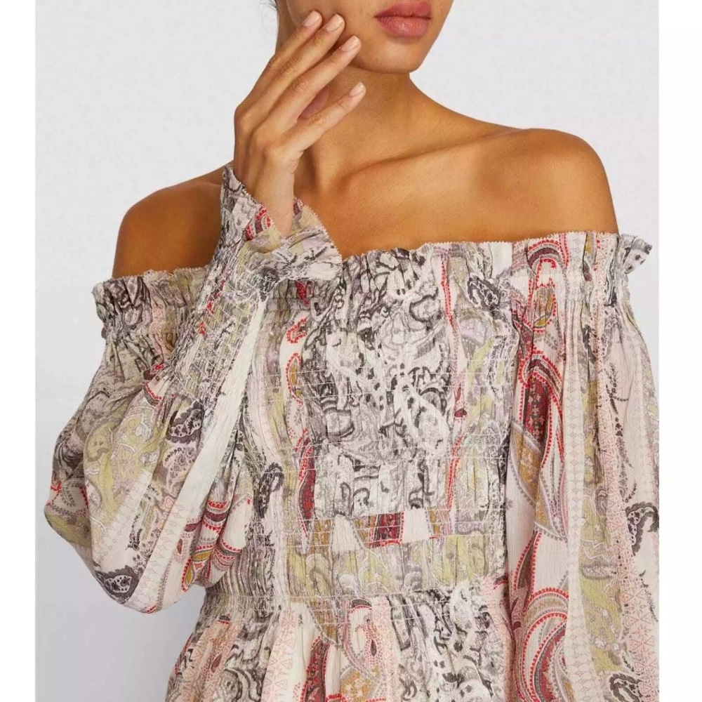 All Saints Lara Makutu Top, Smocked Cropped, Off the Shoulder, Pink, Size 0